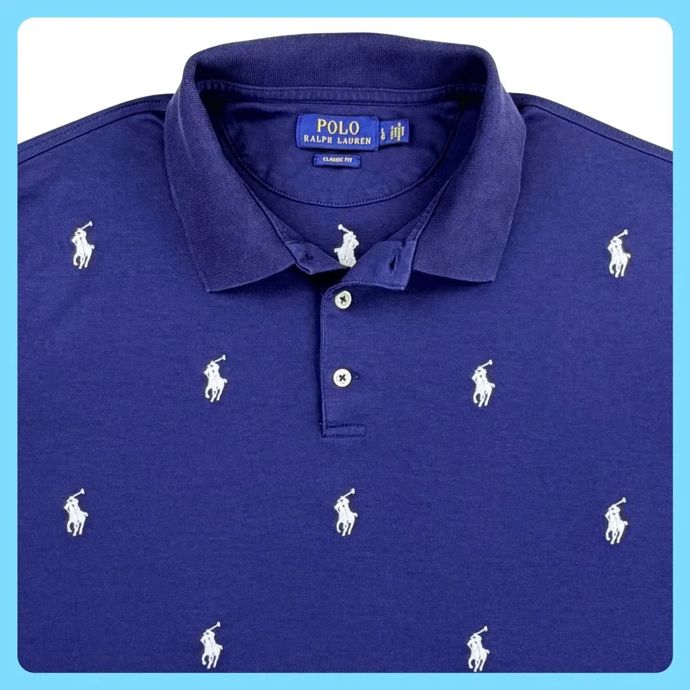 Polo Ralph Lauren Classic Fit Polo Shirt Men Large Blue Cotton AOP Pony Logo